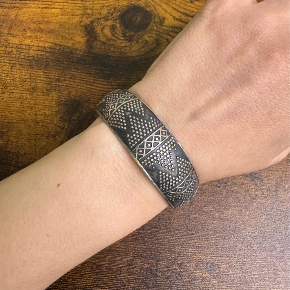 Oxidized Silver Domed Bracelet Open Cuff Raised Dots Dark Patina Bohemian